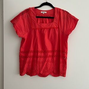 Madewell Red Eyelet Square Neck Short Sleeve Top